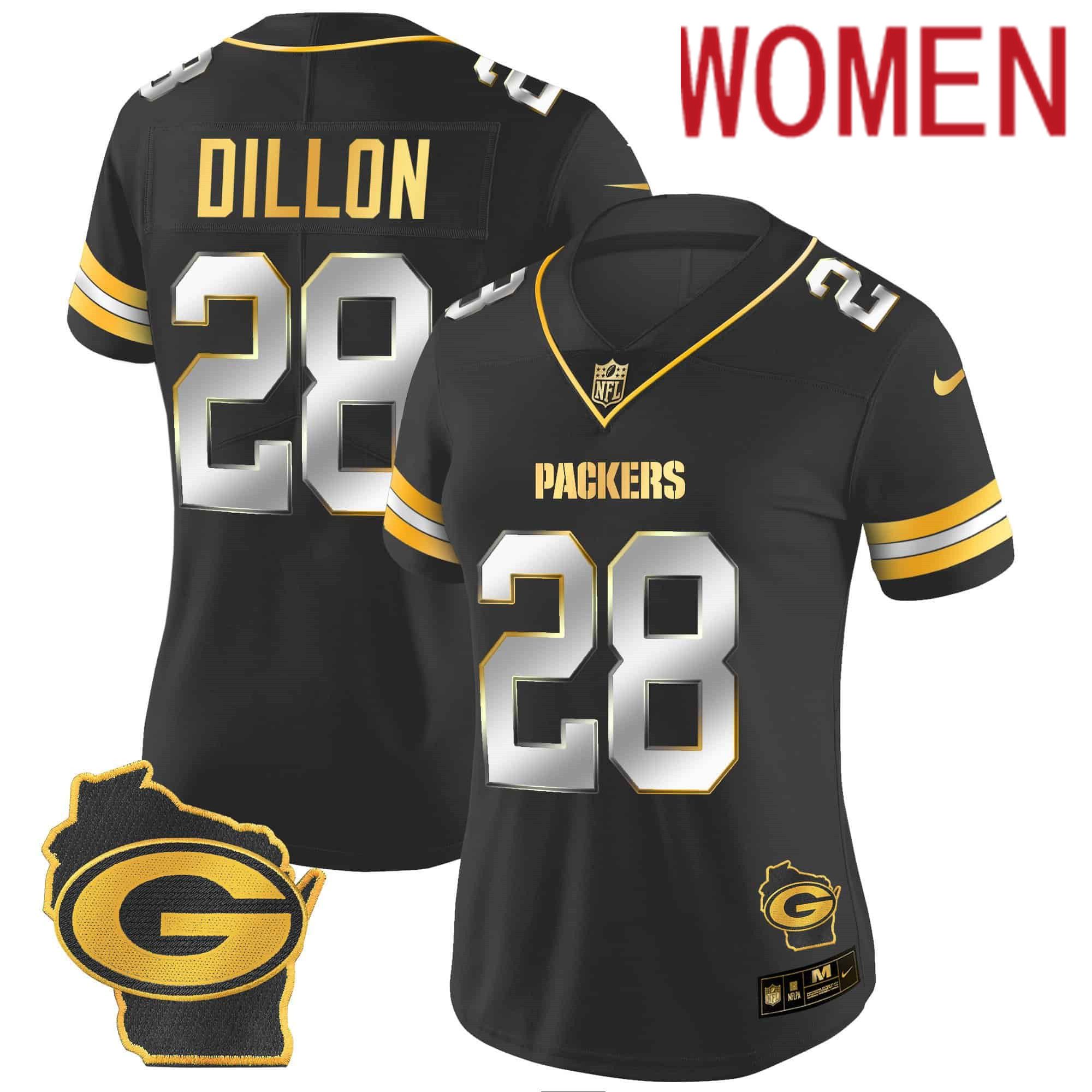 Women Green Bay Packers 28 Dillon Black Gold 2024 Nike Home Patch Vapor NFL Jersey style 1